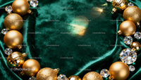 Golden Christmas ornaments on emerald velvet fabric