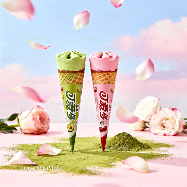 Green tea and cherry ice cream cones with flower petals