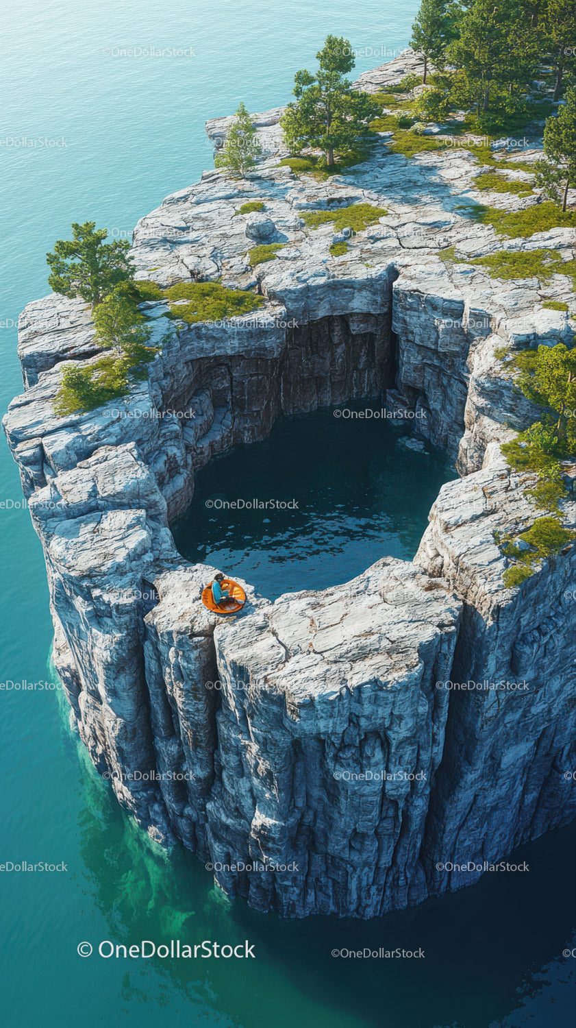 Scenic Rocky Sea Cave with Kayak in Turquoise Water