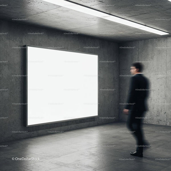 Man in Suit Approaching Large White Light Panel JPG Mockup Image