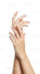 Graceful female hands with French manicure on white background