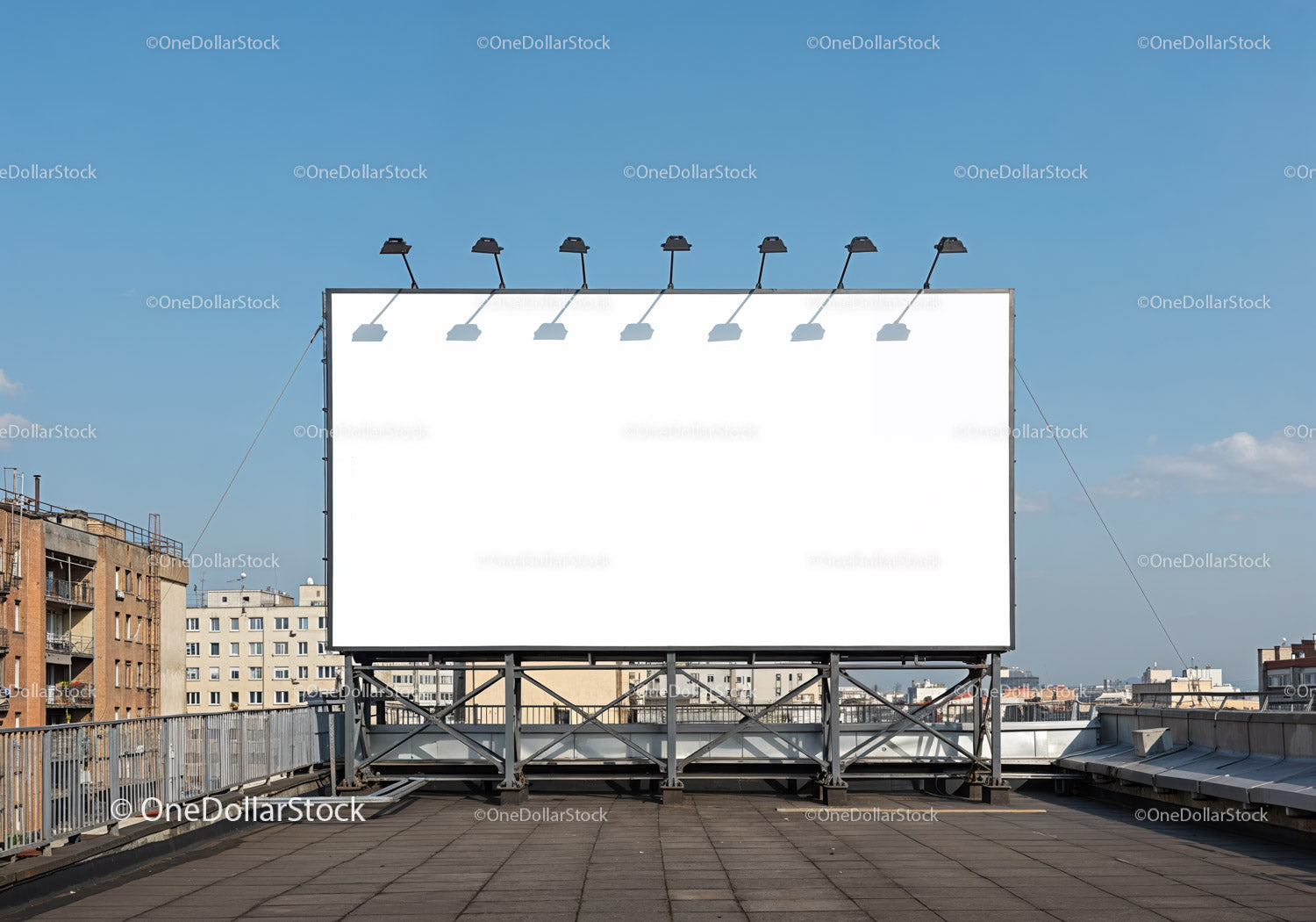 Large Blank Billboard on Urban Rooftop with Clear Sky