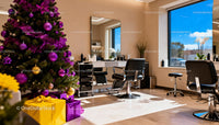 Modern salon interior with festive Christmas decorations
