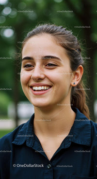 Joyful Young Woman Smiling Outdoors in Natural Setting