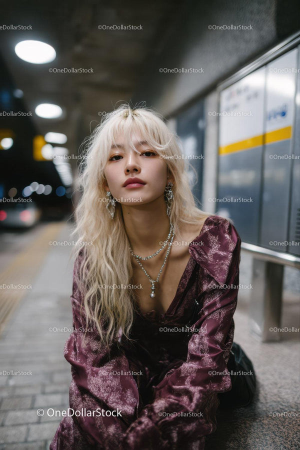 Stylowa młoda kobieta z blond włosami w miejskiej scenerii metra