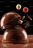 Chocolate dome with flying nuts and raspberry garnish