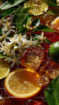 Fresh Citrus and Flower Garnished Drink with Ice Cubes