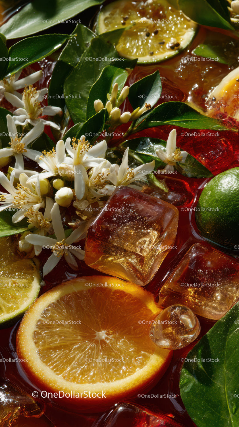 Fresh Citrus and Flower Garnished Drink with Ice Cubes