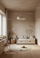 Cozy Modern Kids Bedroom with Cloud Wall Decor and Play Area