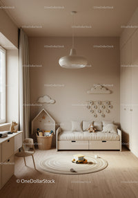 Cozy Modern Kids Bedroom with Cloud Wall Decor and Play Area