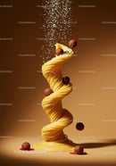 Twisted spaghetti nest with falling meatballs and cheese