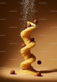 Twisted spaghetti nest with falling meatballs and cheese