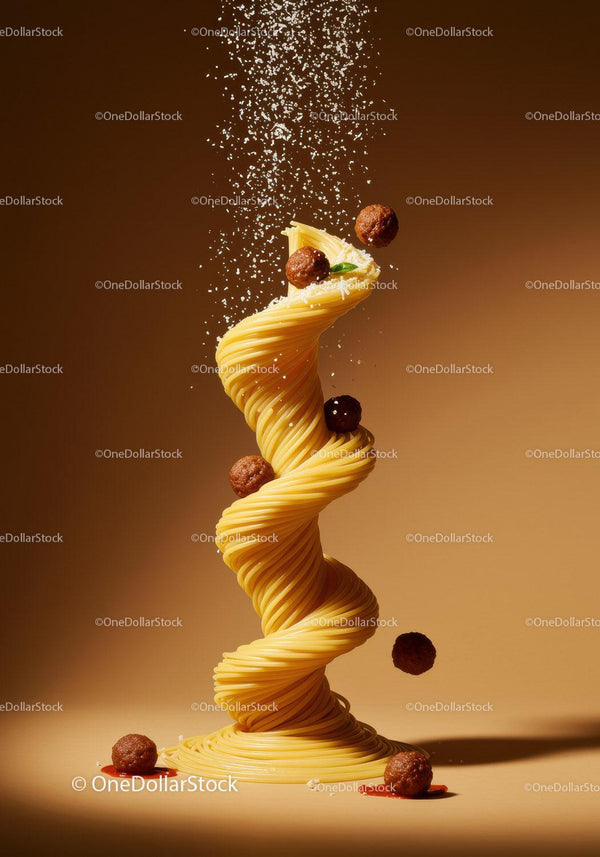 Twisted spaghetti nest with falling meatballs and cheese