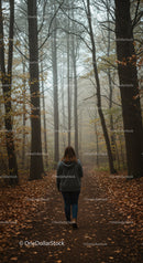 Woman walking through foggy autumn forest path