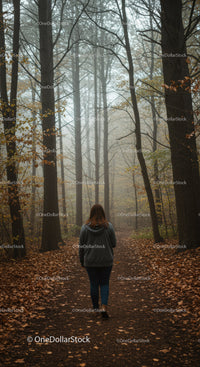 Woman walking through foggy autumn forest path