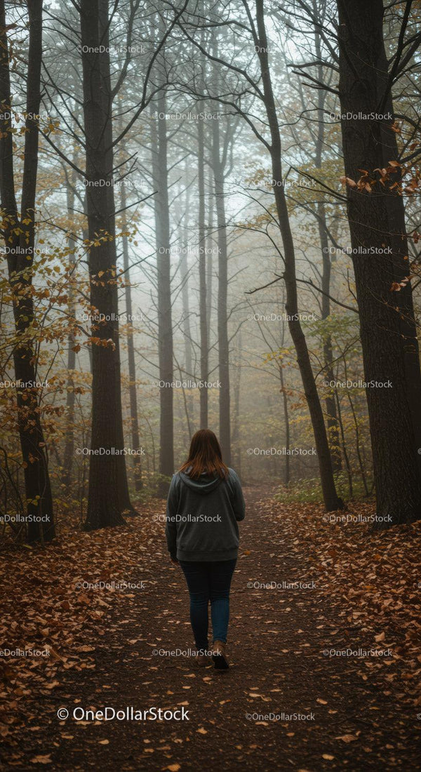 Woman walking through foggy autumn forest path
