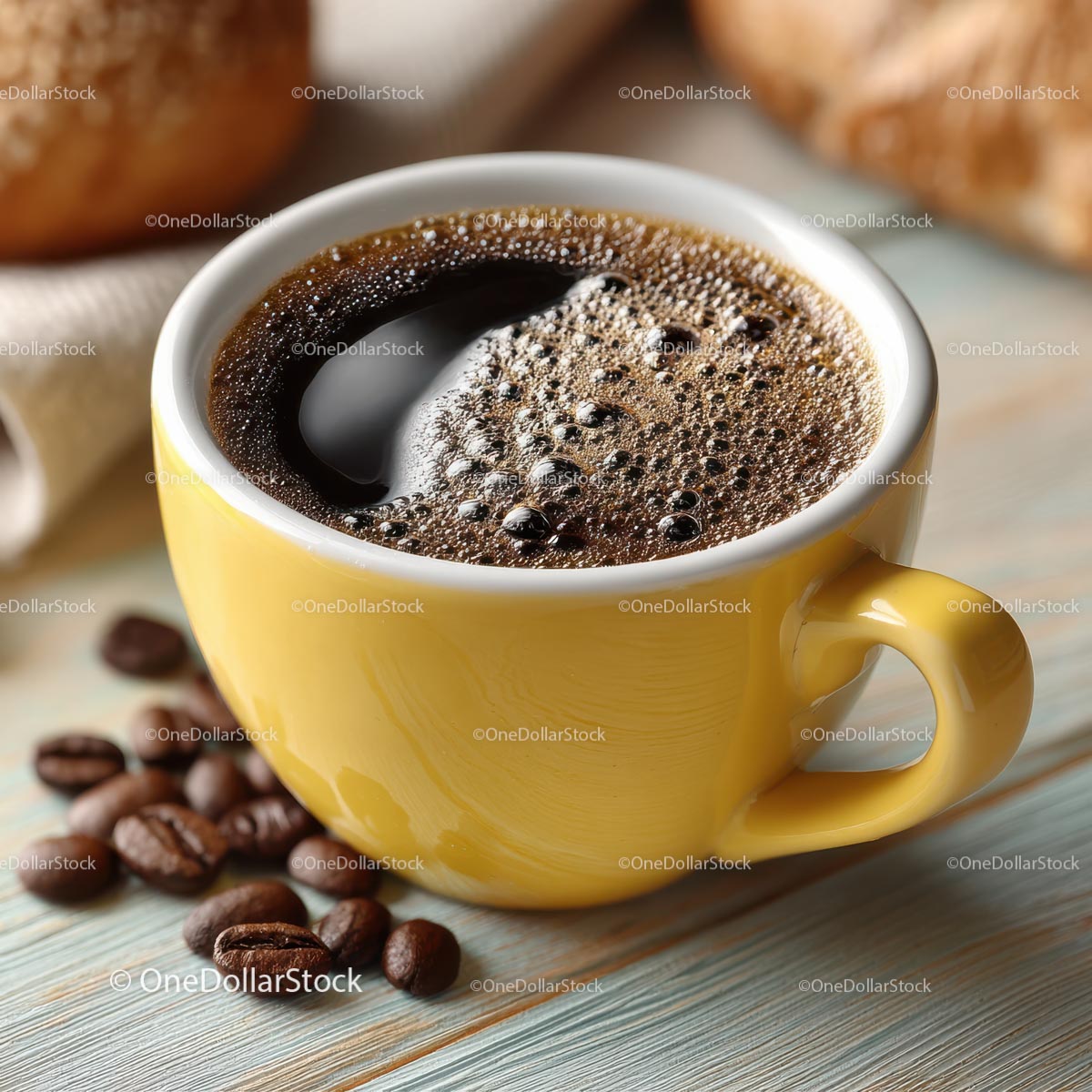 Delicious Coffee in a White Cup with Roasted Beans on Wooden Plate