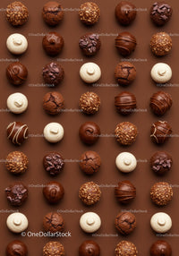 Assorted gourmet chocolate truffles on brown background