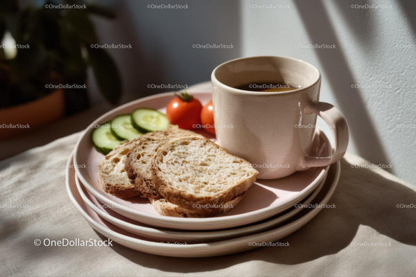 Fresh Breakfast with Coffee Slices Cucumber and Tomatoes in Natural Light
