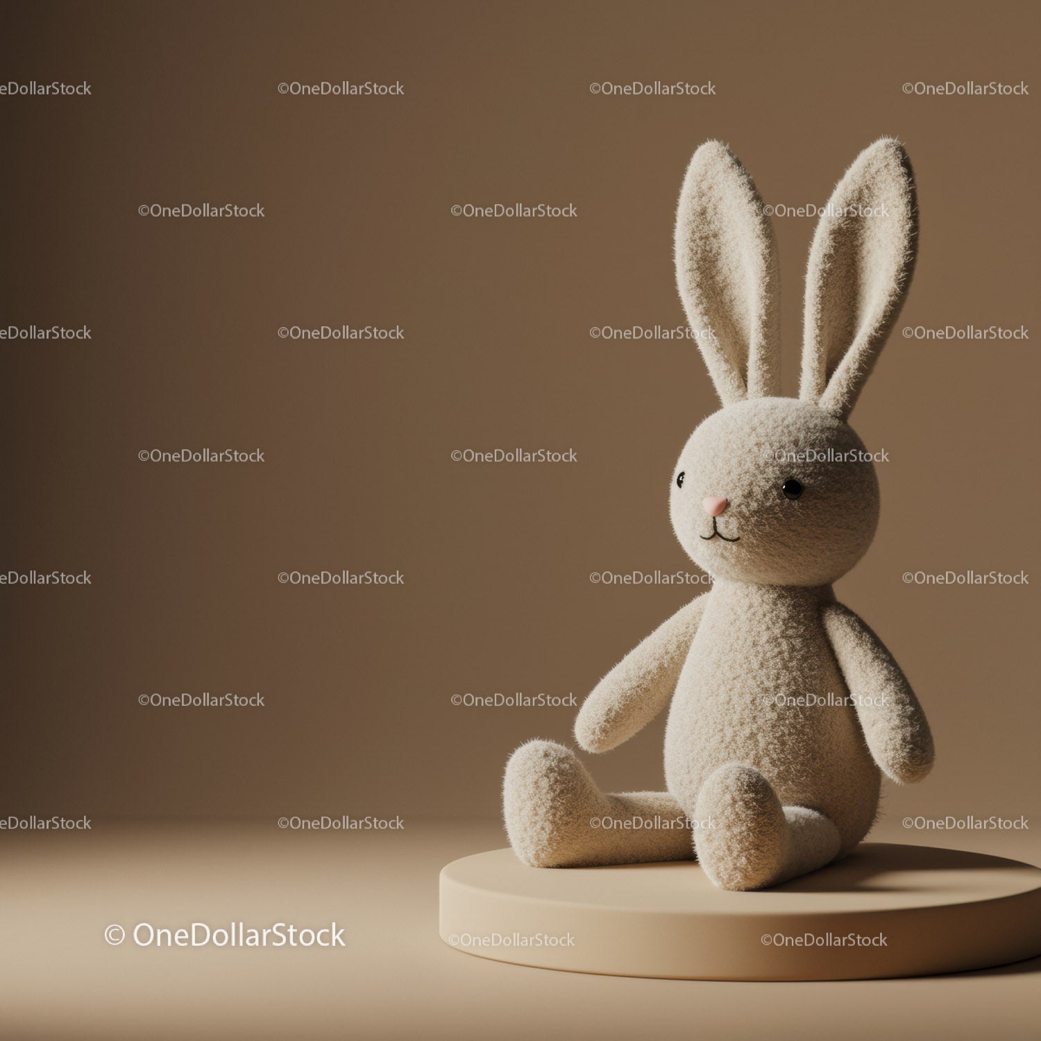 Soft Plush Bunny Sitting on Round Pedestal