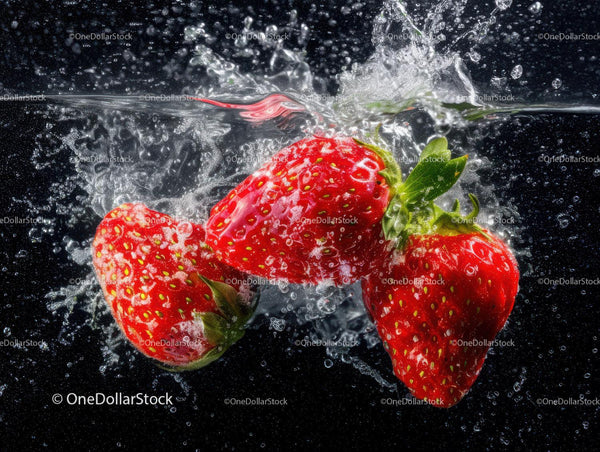 Fresh Red Strawberries Splashing into Water in Close-Up