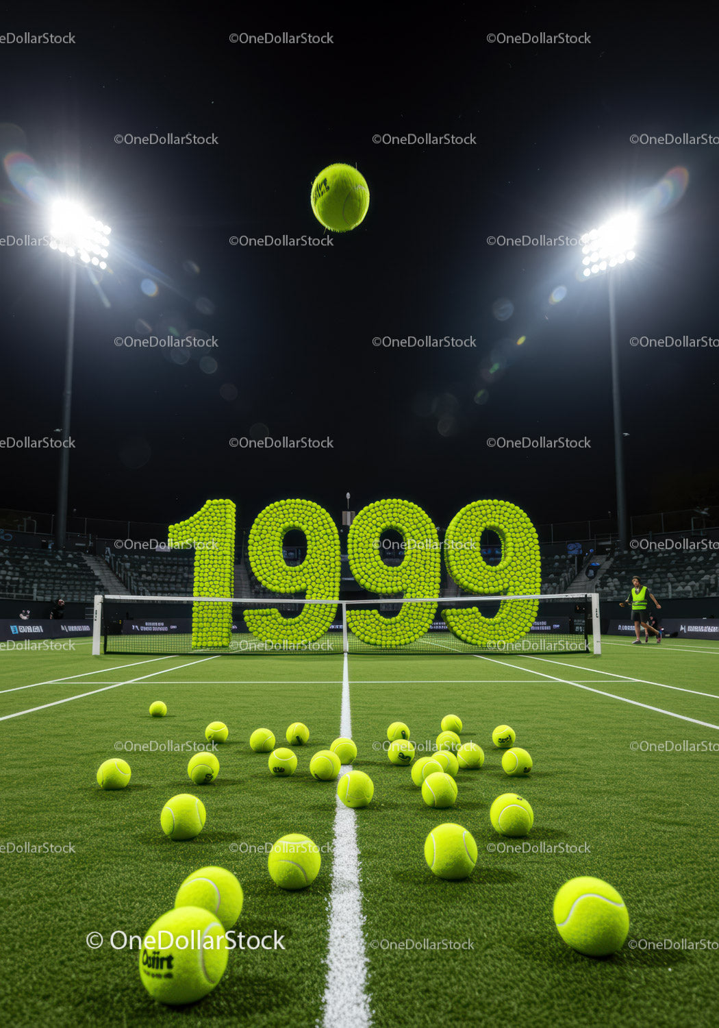 Piłki tenisowe ułożone jak w 1999 roku na oświetlonym korcie nocą