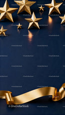 Golden Stars and Ribbon Decoration on Dark Blue Background
