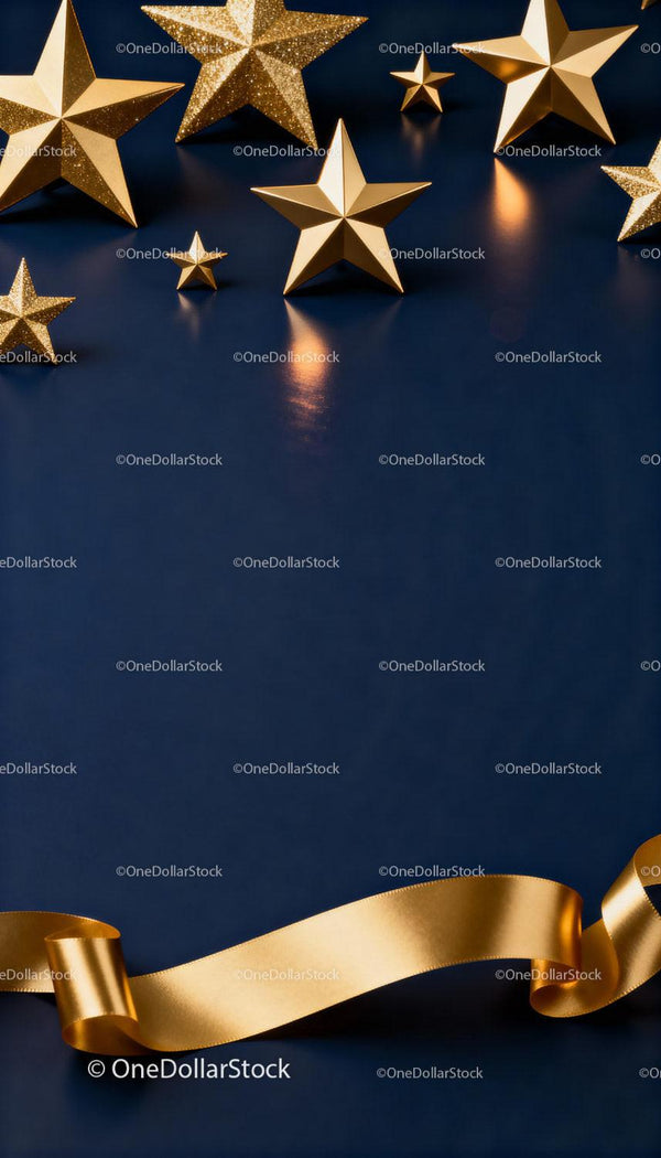 Golden Stars and Ribbon Decoration on Dark Blue Background