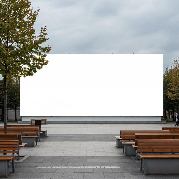 Outdoor cinema setup with empty wooden benches and blank screen JPG Mockup Image