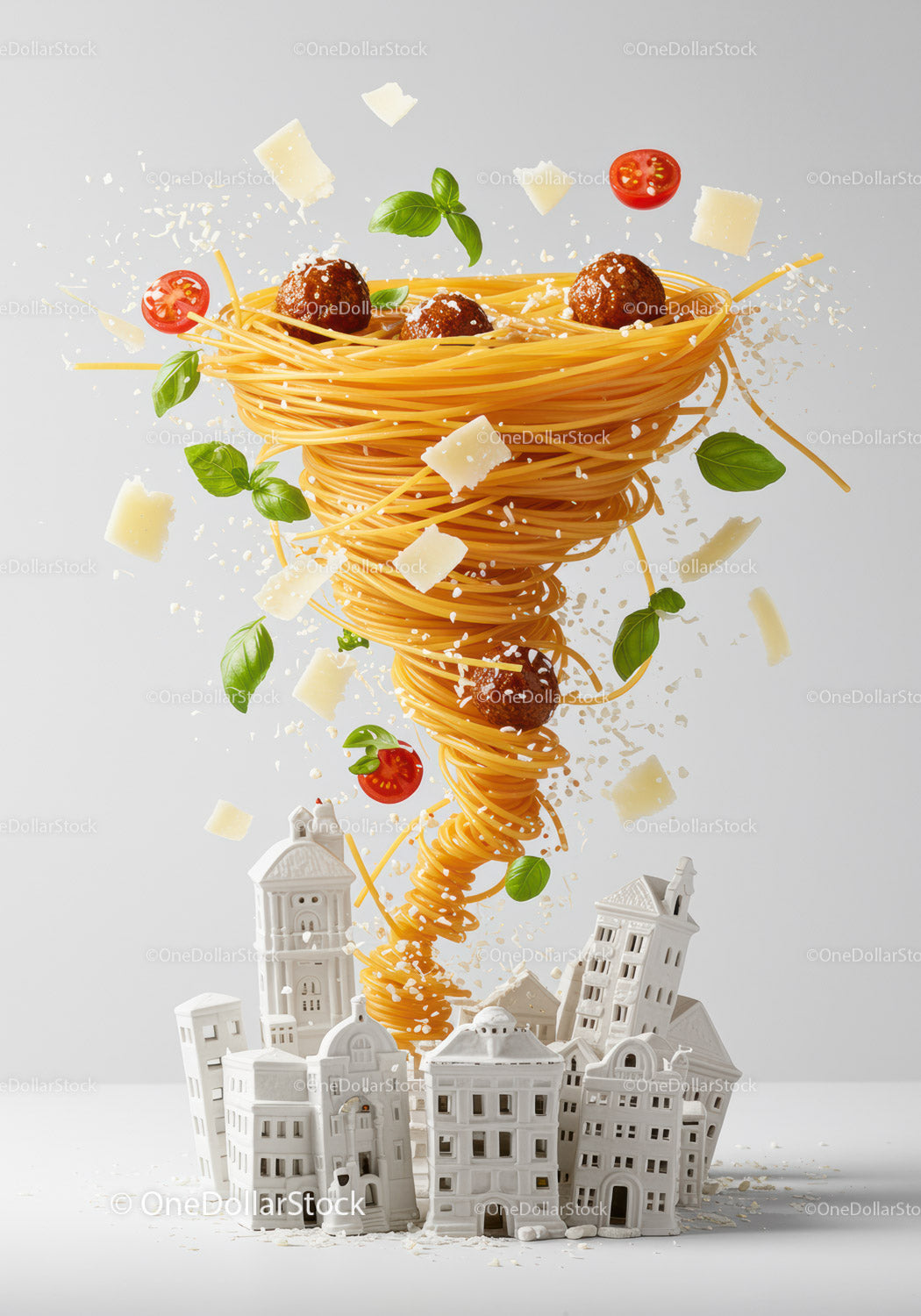 Spaghetti Tornado z klopsikami i ziołami na tle miejskiego krajobrazu