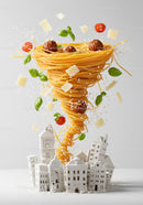 Spaghetti Tornado with Meatballs and Herbs over Cityscape