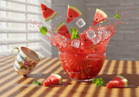 Refreshing watermelon splash with ice and mint leaves