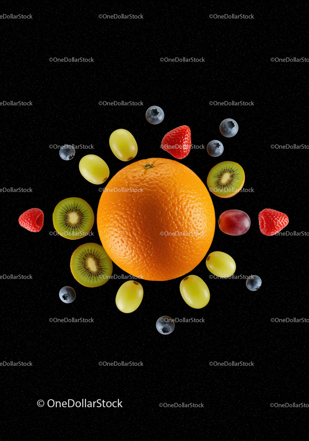 Fresh Mixed Fruits Arranged on Black Background