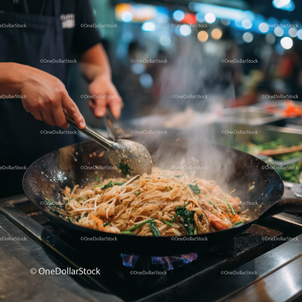Hot Stir-Fried Noodles with Vegetables in Wok in Street Food Market
