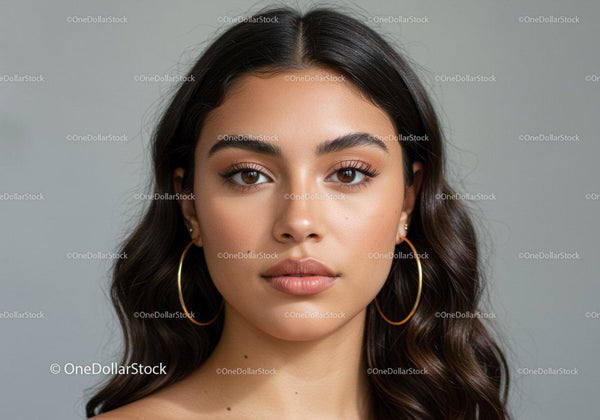 Close-Up Portrait of a Beautiful Young Woman with Brown Hair and Earrings