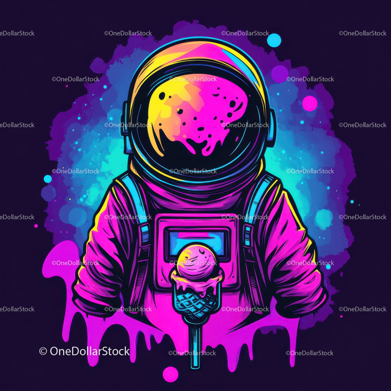 Colorful Astronaut Holding Ice Cream in Space with Galaxy Reflection