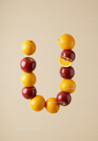 Creative U shaped letter made of apples and oranges