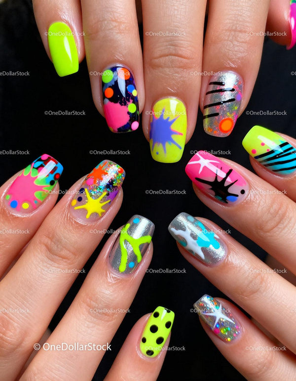 Bright colorful nail art with neon paint splashes