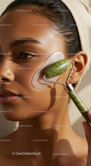 Young Woman Using Jade Roller for Facial Skincare Routine
