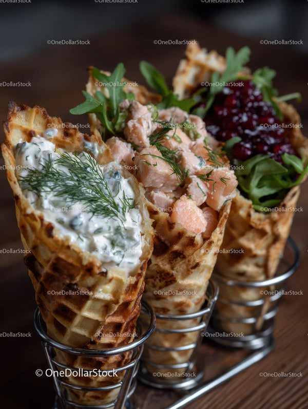 Gourmet Waffle Cone Bowls with Salmon, Berry Jam and Fresh Greens