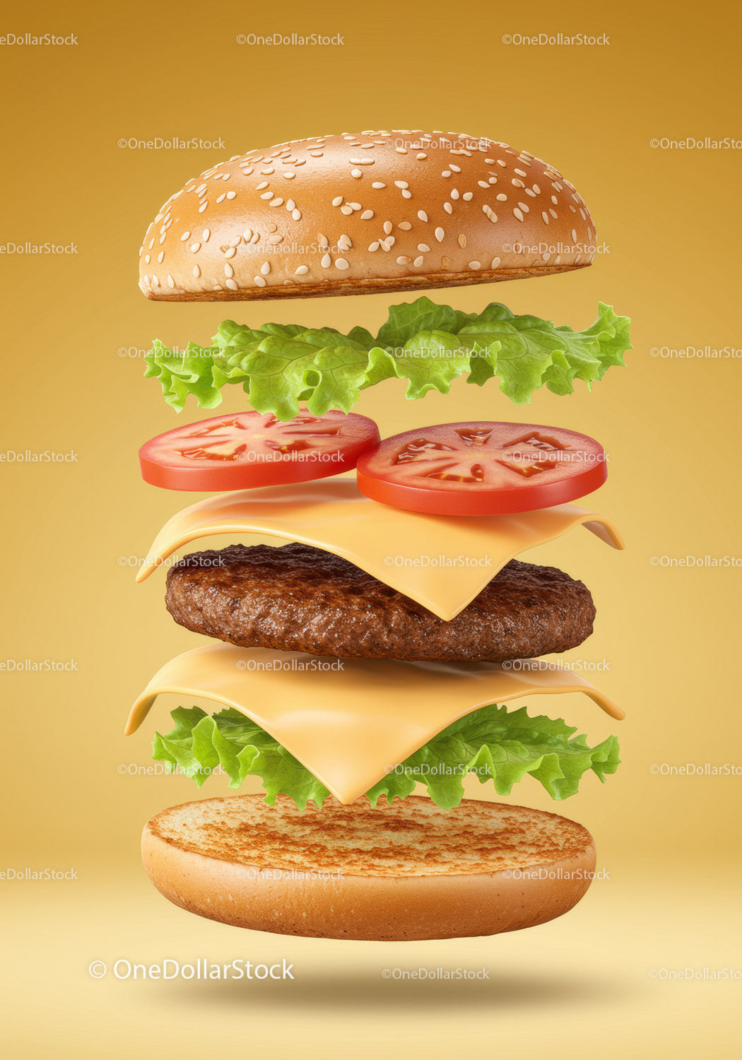 Deconstructed Cheeseburger with Fresh Ingredients Floating