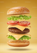 Deconstructed Cheeseburger with Fresh Ingredients Floating