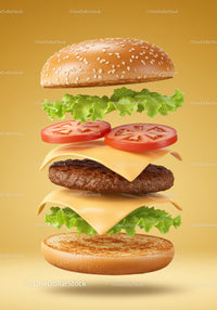 Deconstructed Cheeseburger with Fresh Ingredients Floating