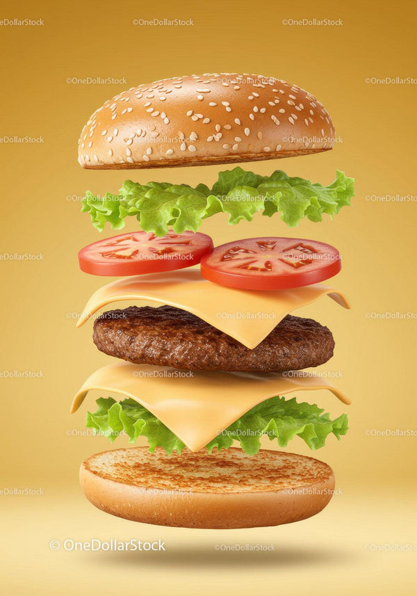 Deconstructed Cheeseburger with Fresh Ingredients Floating