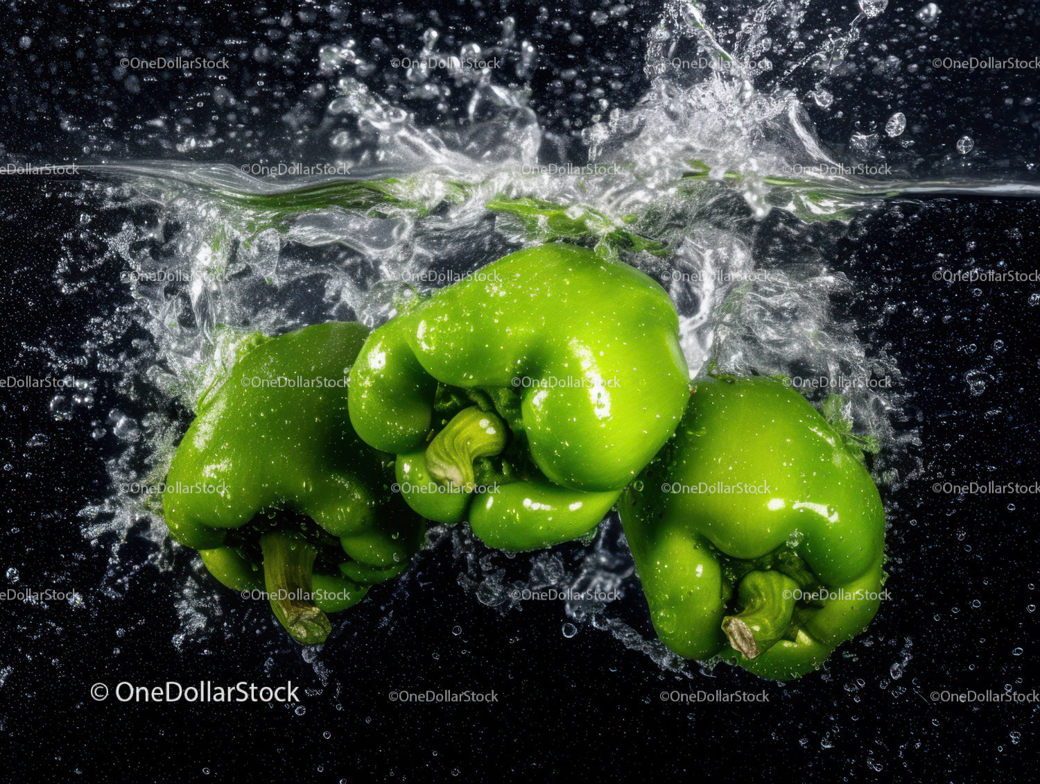 Fresh Green Bell Peppers with Water Splash in High Definition
