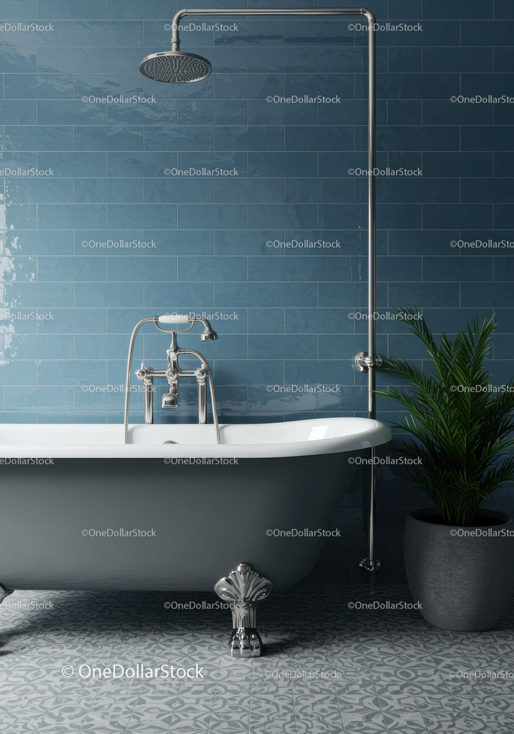 Classic freestanding bathtub with modern shower setup