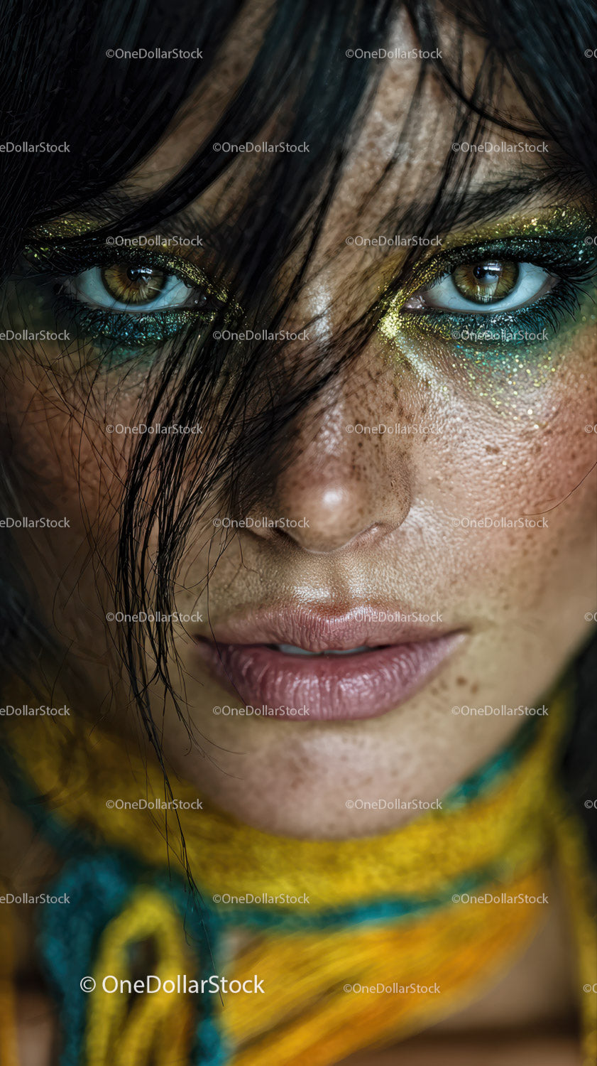 Vibrant Woman with Glitter Eye Makeup and Expressive Eyes