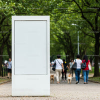 Blank city billboard in green park with walking pedestrians