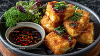 Crispy Fried Tofu with Sweet Chili Sauce and Fresh Greens