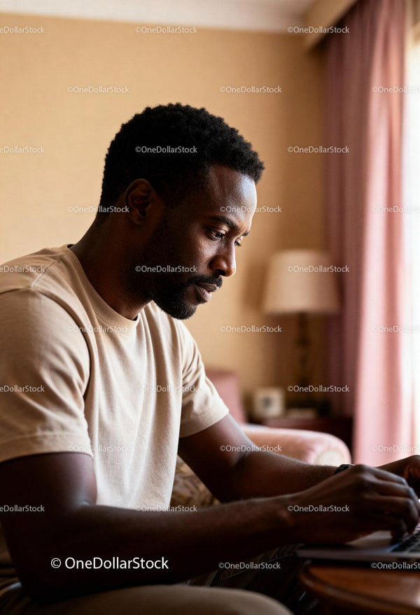 Focused man working on laptop in cozy home setting